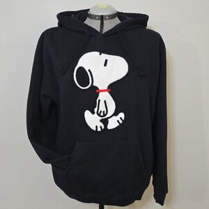 Peanuts Snoopy Black Hoodie Embroidered Crochet‎ Patch SoFt Modal Size 2XL EUC!